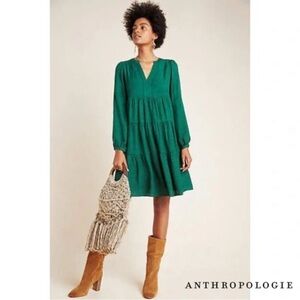 Anthropologie Emerald Long Sleeve Dress tiered small $198